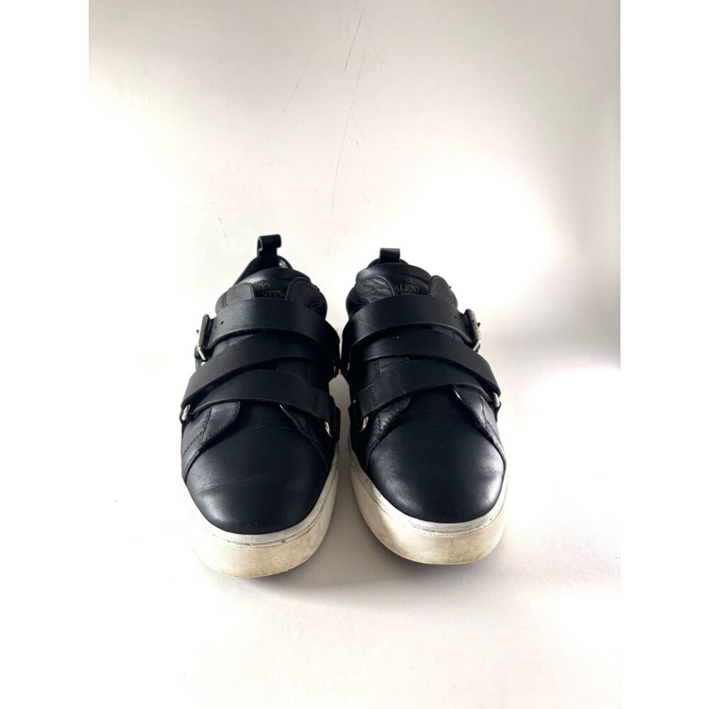 Valentino Garavani Black Leather Strap Sneakers with White Sole